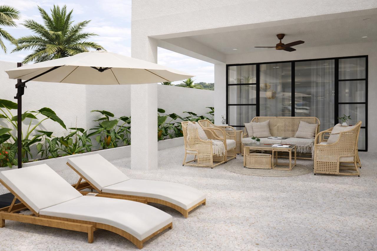 Galu Bungalow — outdoor pool patio with rattan lounge